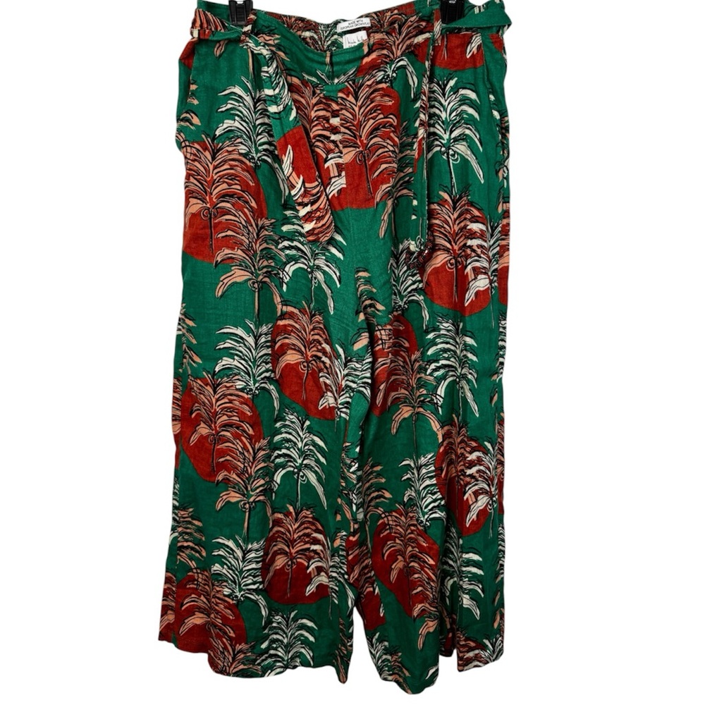 Nicole Miller 100% Linen Tropical Hawaiian Palm Tree Sunset Wide Leg Crop Pants